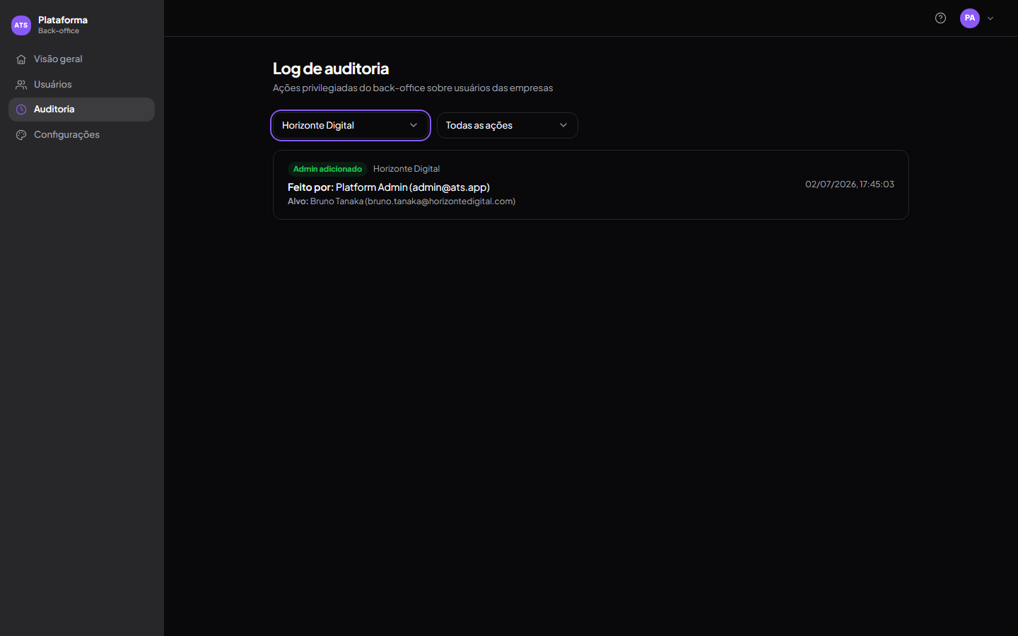 Tela de Auditoria do back-office filtrada por empresa, mostrando a ação "Admin adicionado"