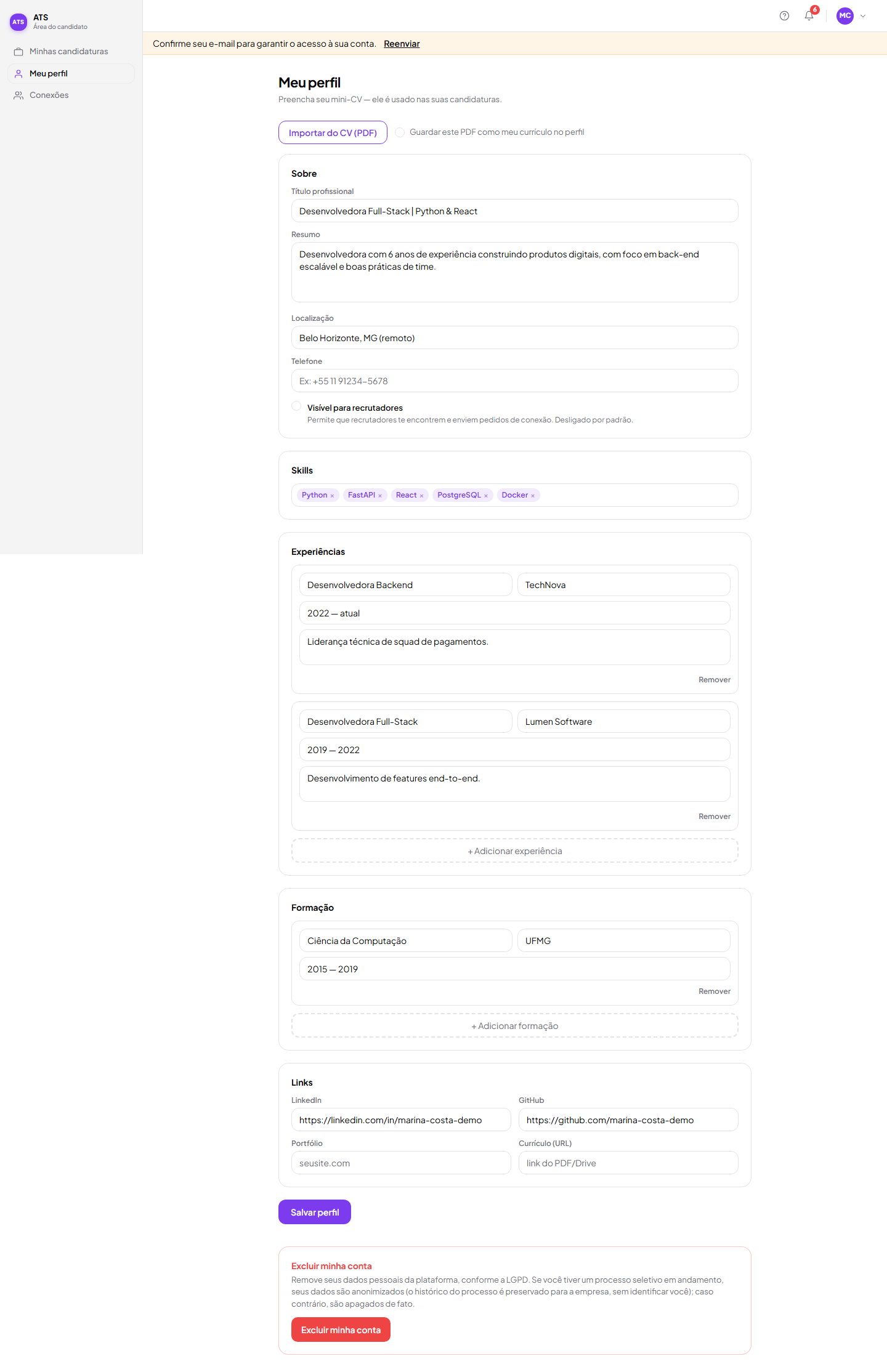 Tela de perfil do candidato preenchida: headline, resumo, skills, experiências e formação
