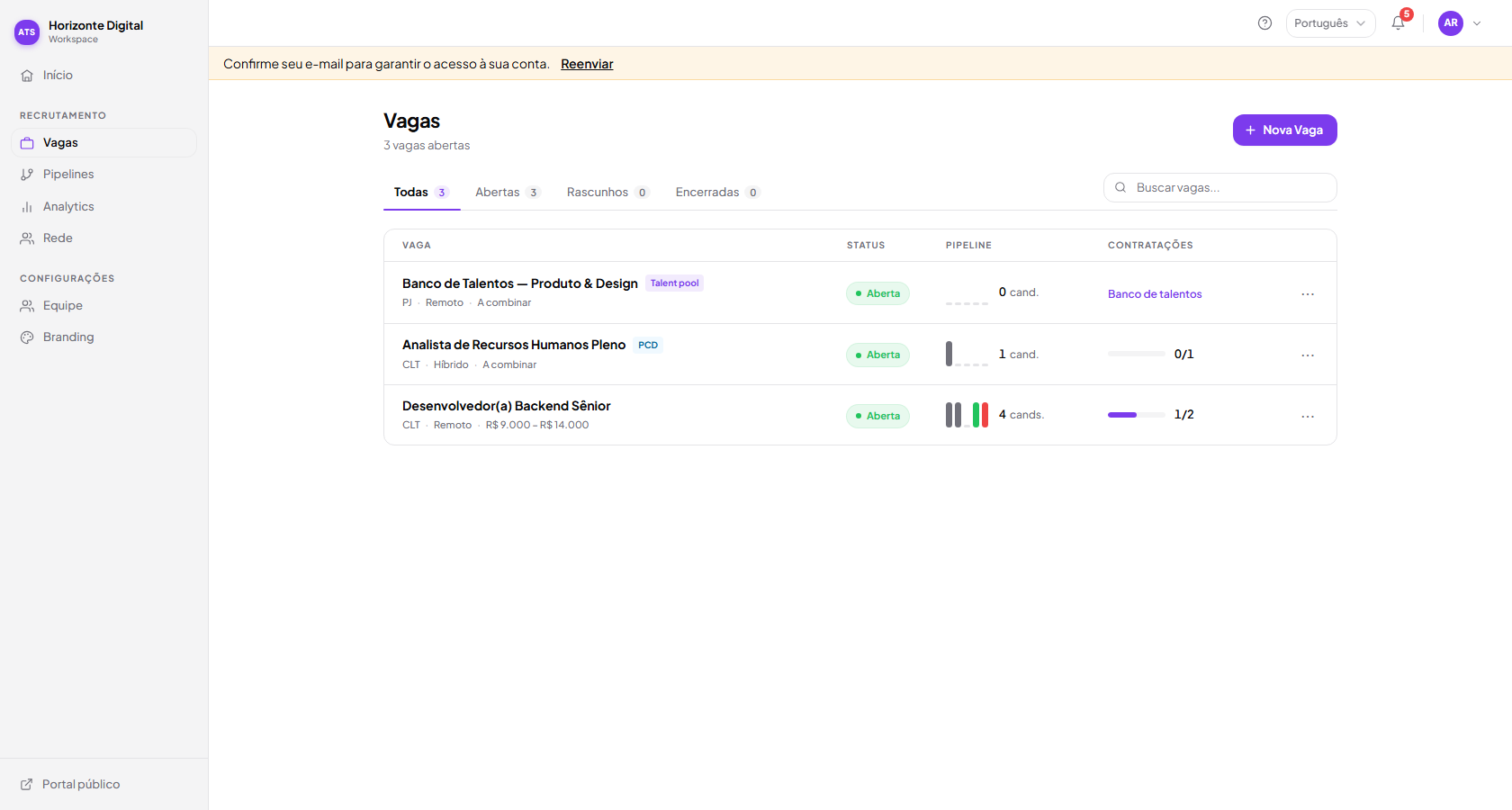 Lista de vagas com status, badges de PCD/banco de talentos e funil por vaga